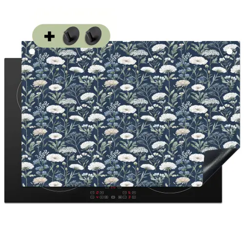 Patroon - Bloemen - Wit - Blauw Inductie beschemer met haakjes klein 777 -3d