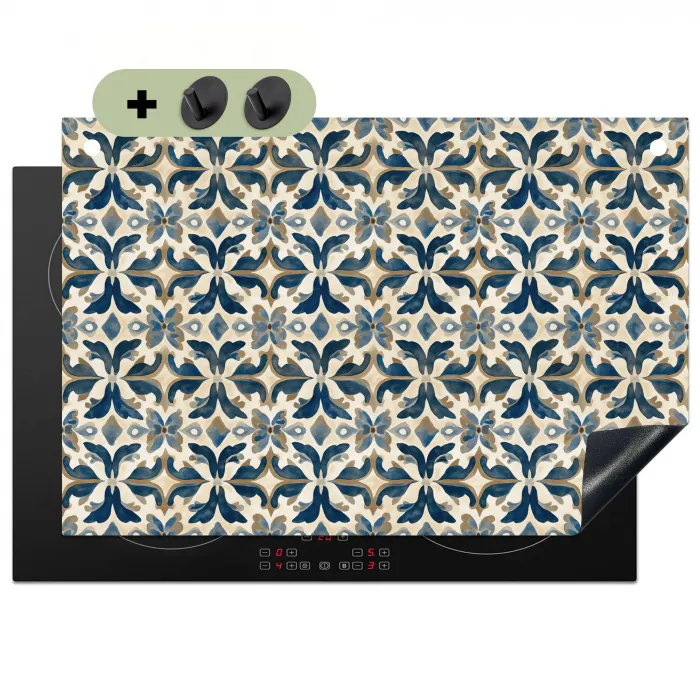 Tegel - Patroon - Blauw - Beige Inductie beschemer met haakjes klein 777 -3d