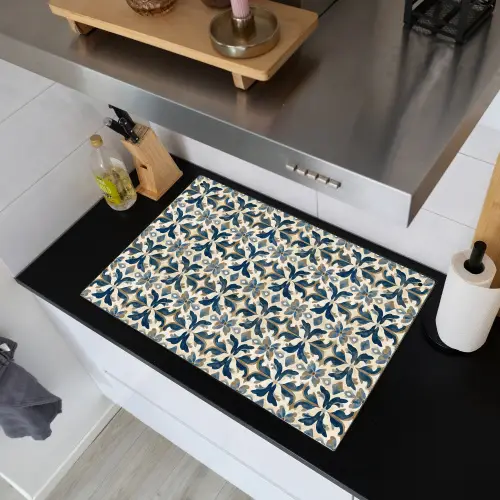 Tegel - Patroon - Blauw - Beige Inductie beschemer met haakjes klein 777 -sfeer1