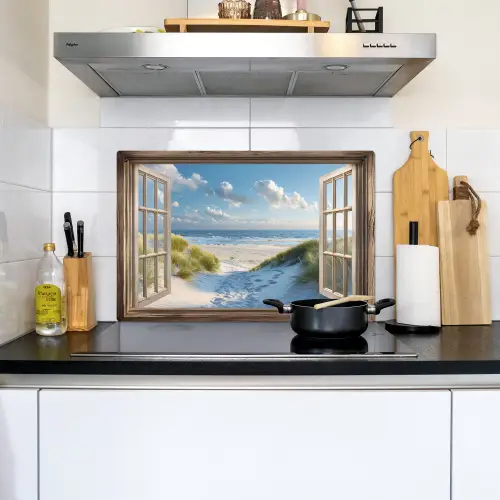 Doorkijk - Strand - Raam - Duinen - Zee Inductie beschemer met haakjes klein -sfeer2