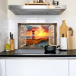 Doorkijk - Raam - Vuurtoren - Zonsondergang - Strand Inductie beschemer met haakjes klein -sfeer2