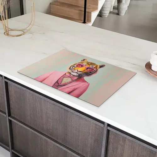Tijger - Strik - Jasje - Roze Inductie beschermer vinyl 3mm klein -sfeer8