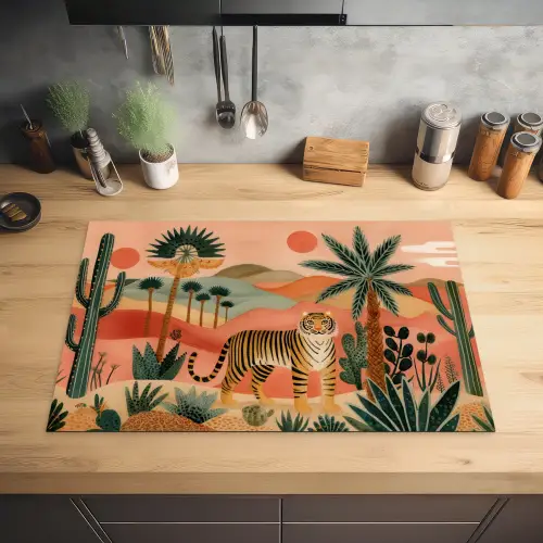 Tijger - Palmen - Cactus - Oranje Inductie beschermer vinyl 3mm klein -sfeer5