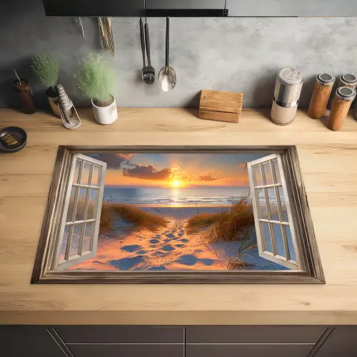 Doorkijk - Strand - Duinen - Zonsondergang Inductie beschermer vinyl 3mm klein -sfeer5