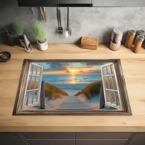 Doorkijk - Strand - Pad - Zonsondergang Inductie beschermer vinyl 3mm klein -sfeer5
