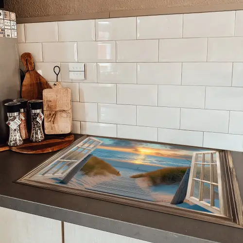 Doorkijk - Strand - Pad - Zonsondergang Inductie beschermer vinyl 3mm klein -sfeer3
