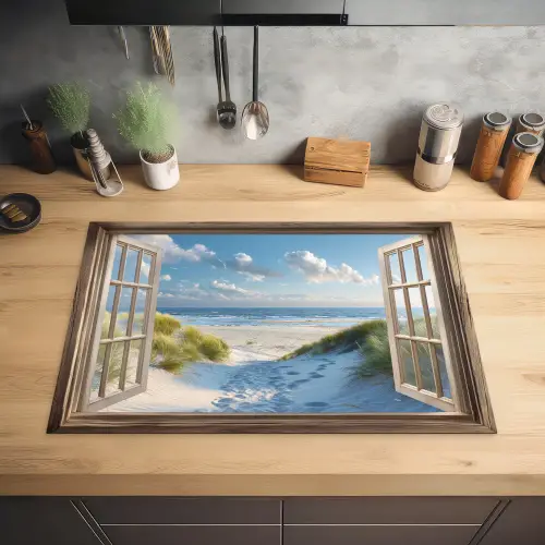 Doorkijk - Strand - Raam - Duinen - Zee Inductie beschermer vinyl 3mm klein -sfeer5
