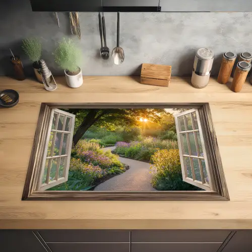 Doorkijk - Bloemen - Natuur - Zon - Pad Inductie beschermer vinyl 3mm klein -sfeer5