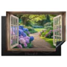Doorkijk - Tuin - Raam - Hortensia - Bloemen Inductie beschermer vinyl 3mm klein -3d