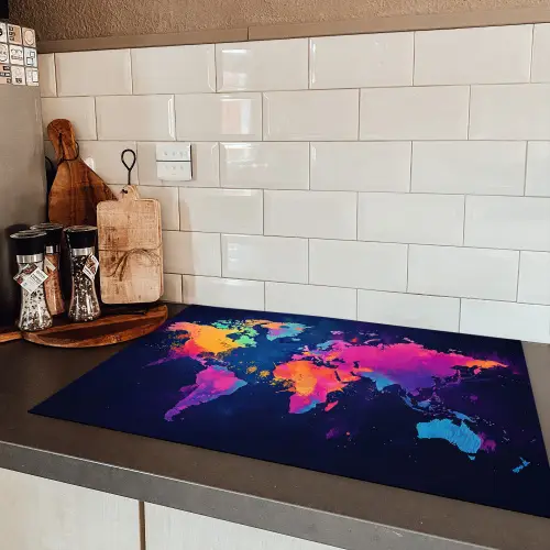 Wereldkaart - Kleurrijk - Graffiti Inductie beschermer vinyl 3mm klein -sfeer3