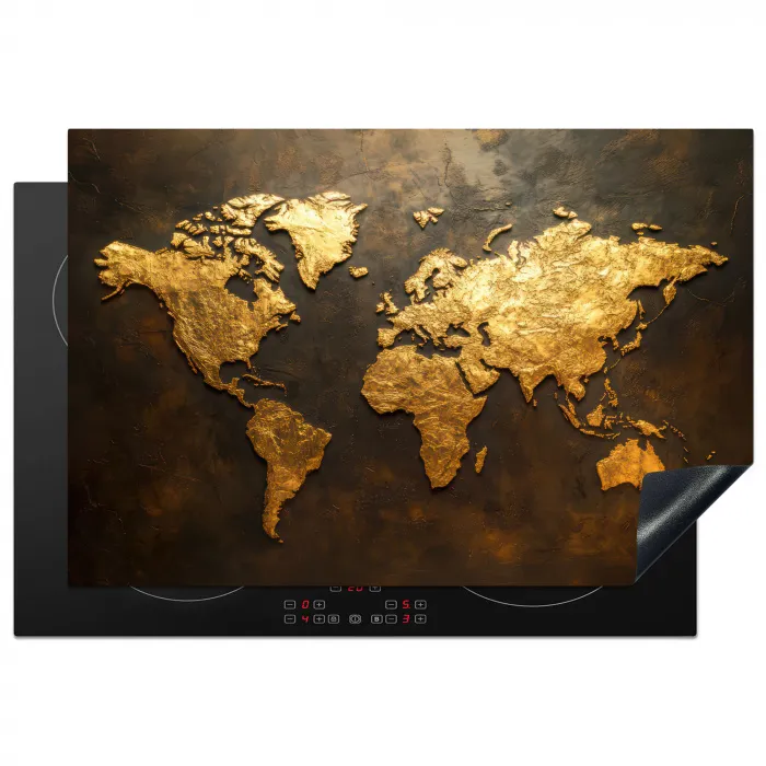 Wereldkaart - Goud - Roest Inductie beschermer vinyl 3mm klein -3d