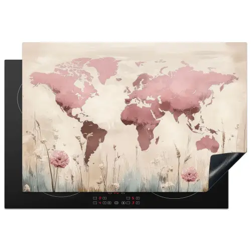 Wereldkaart - Roze - Bloemen Inductie beschermer vinyl 3mm klein -3d