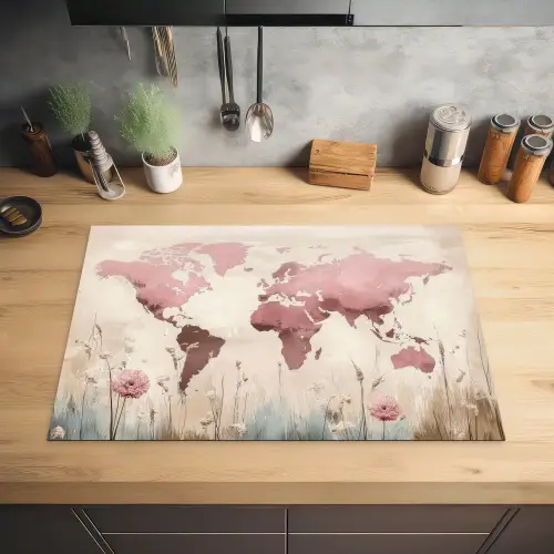 Wereldkaart - Roze - Bloemen Inductie beschermer vinyl 3mm klein -sfeer5