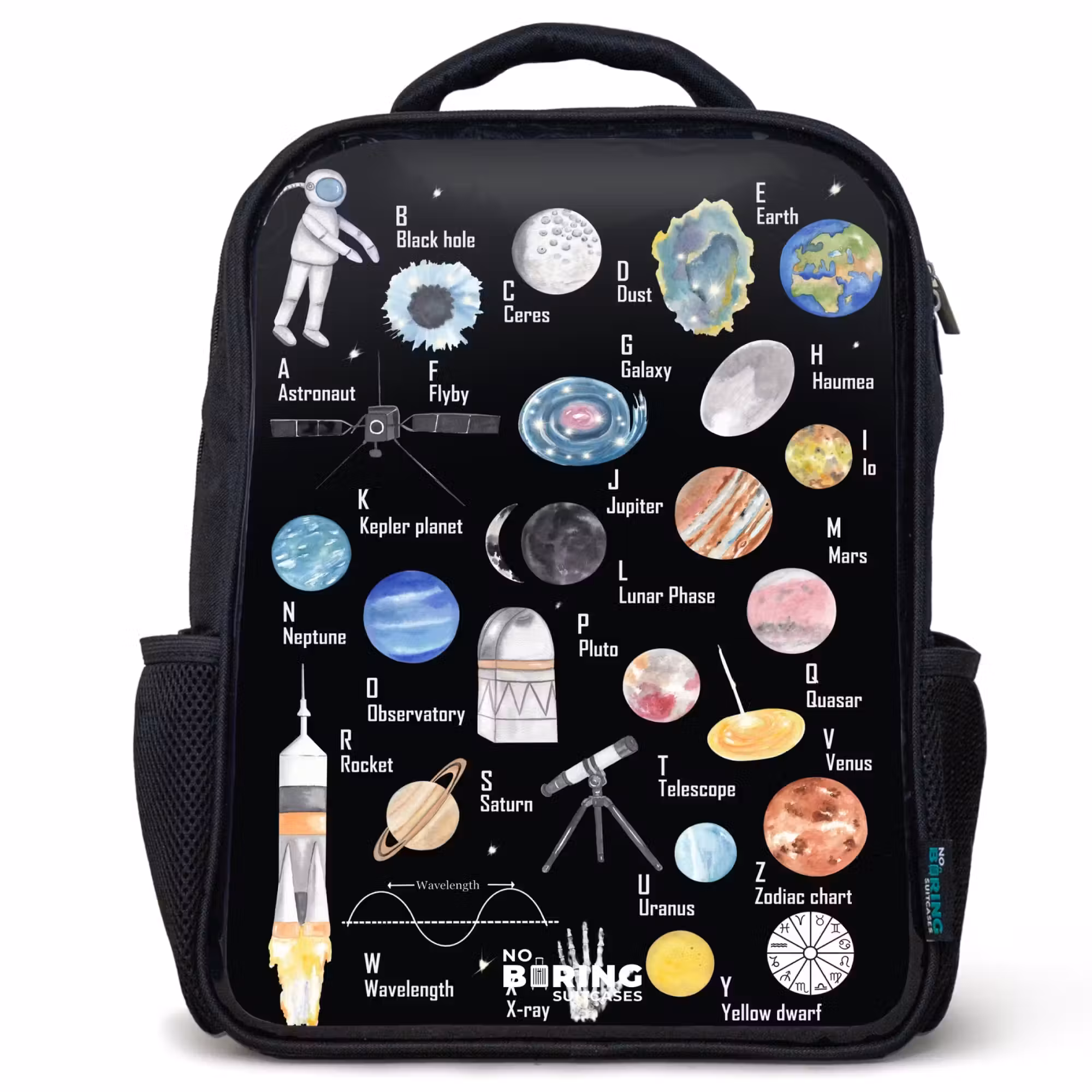 Kids' Backpacks Black -. Alphabet in space theme
