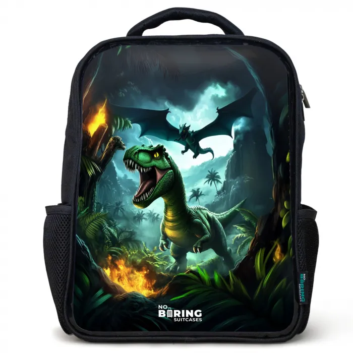 Dinosaurus en draak in vurige junglevallei Rugzak - Zwart middel -3d