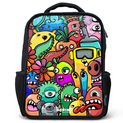 Expressief en druk patroon met monsters Rugzak - Zwart middel -3d