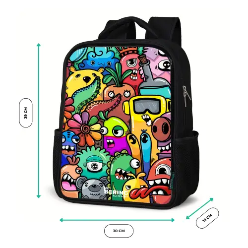 Expressief en druk patroon met monsters Rugzak - Zwart middel -productfoto_formaten