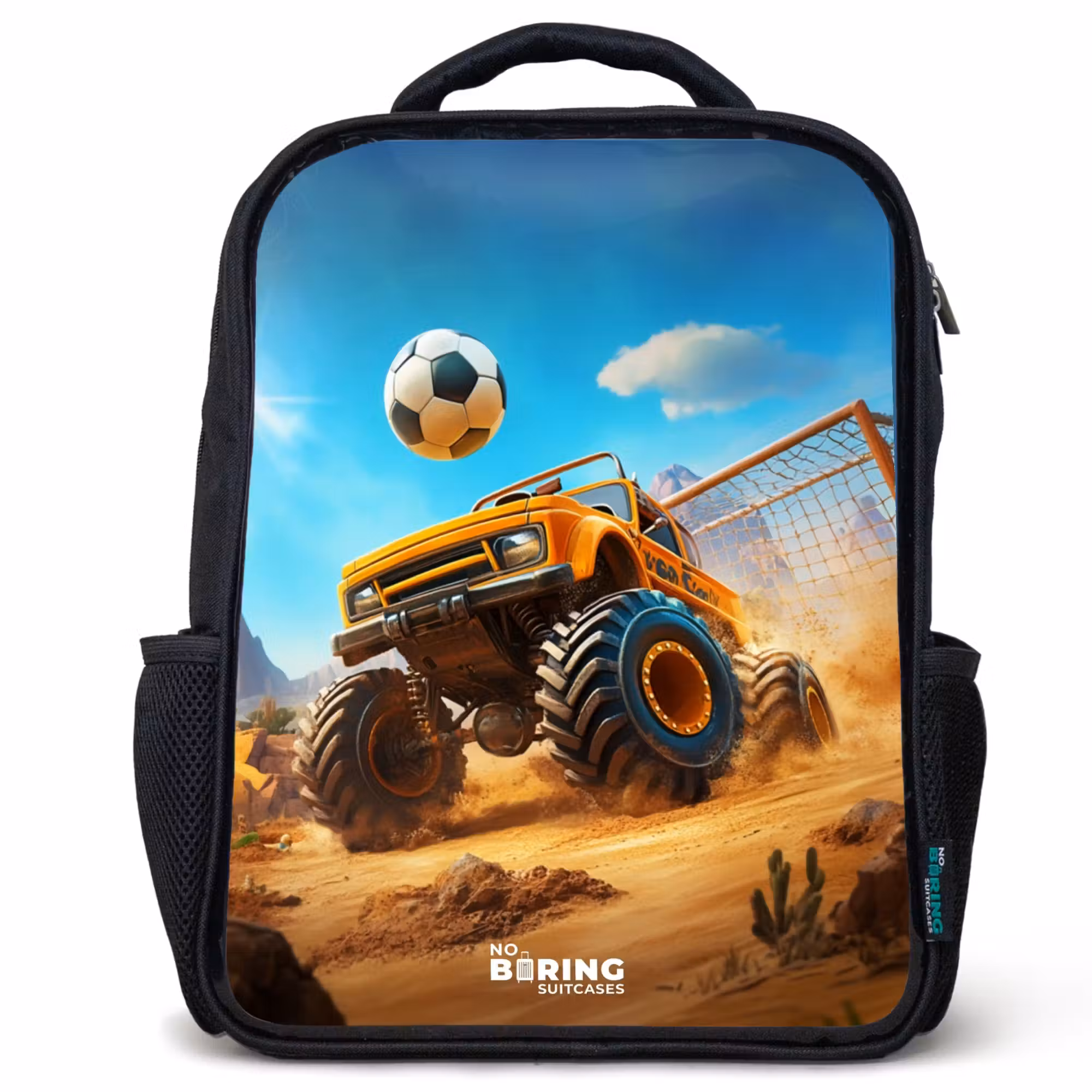 Kids' Backpacks Black -. Monster truck scores goal in desert stadium