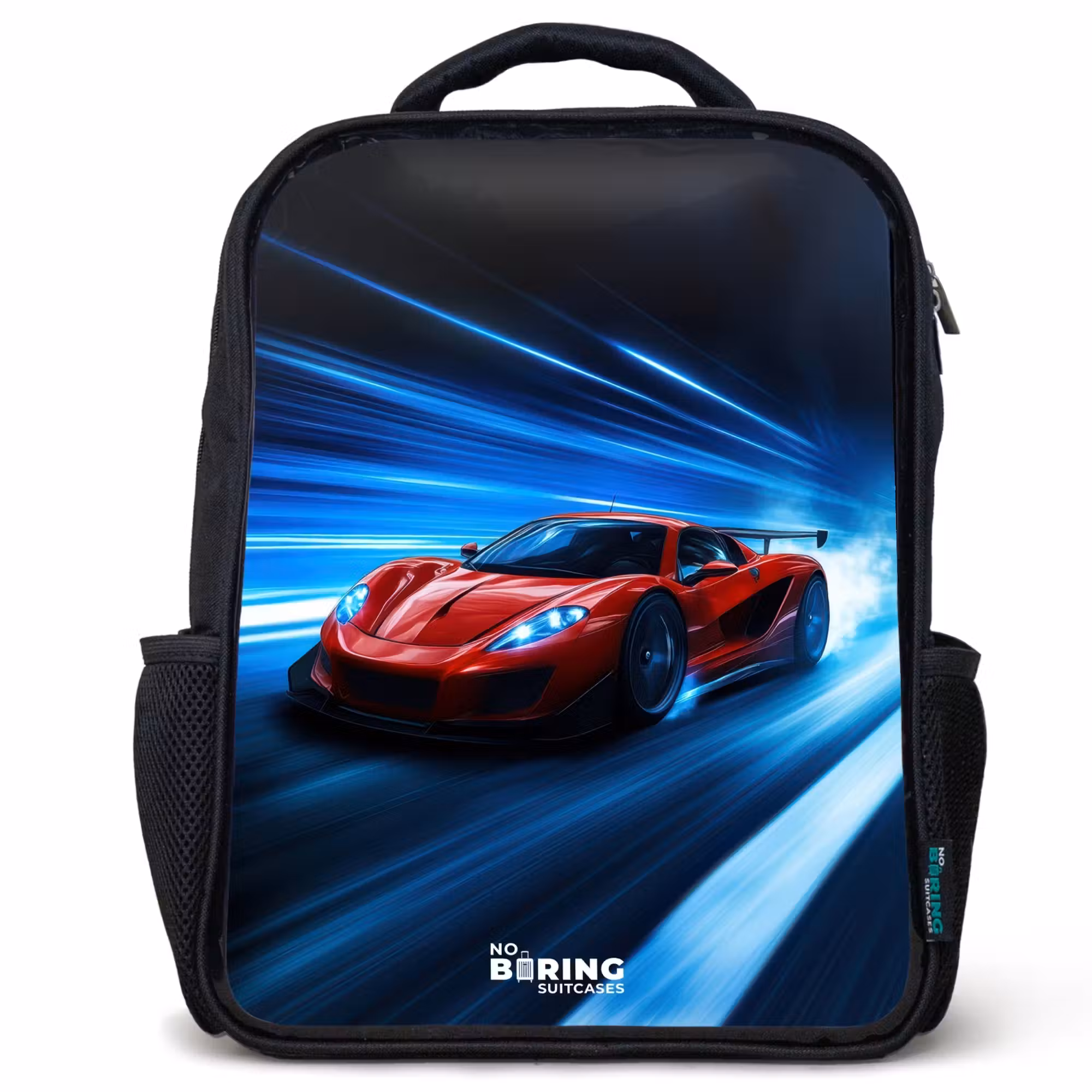 Kids' Backpacks Black -. Red racing car in digital speed world