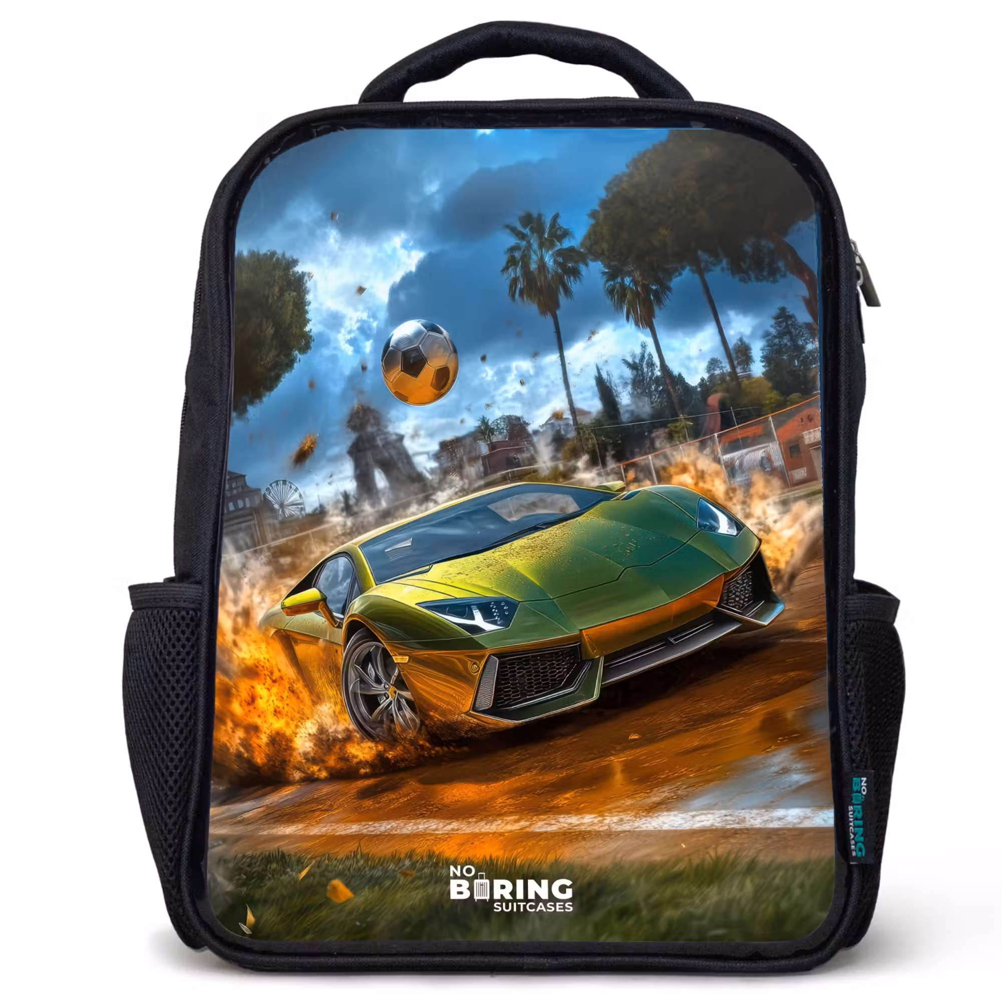 Kids' Backpacks Black -. Sports car crashes through soccer field with ball