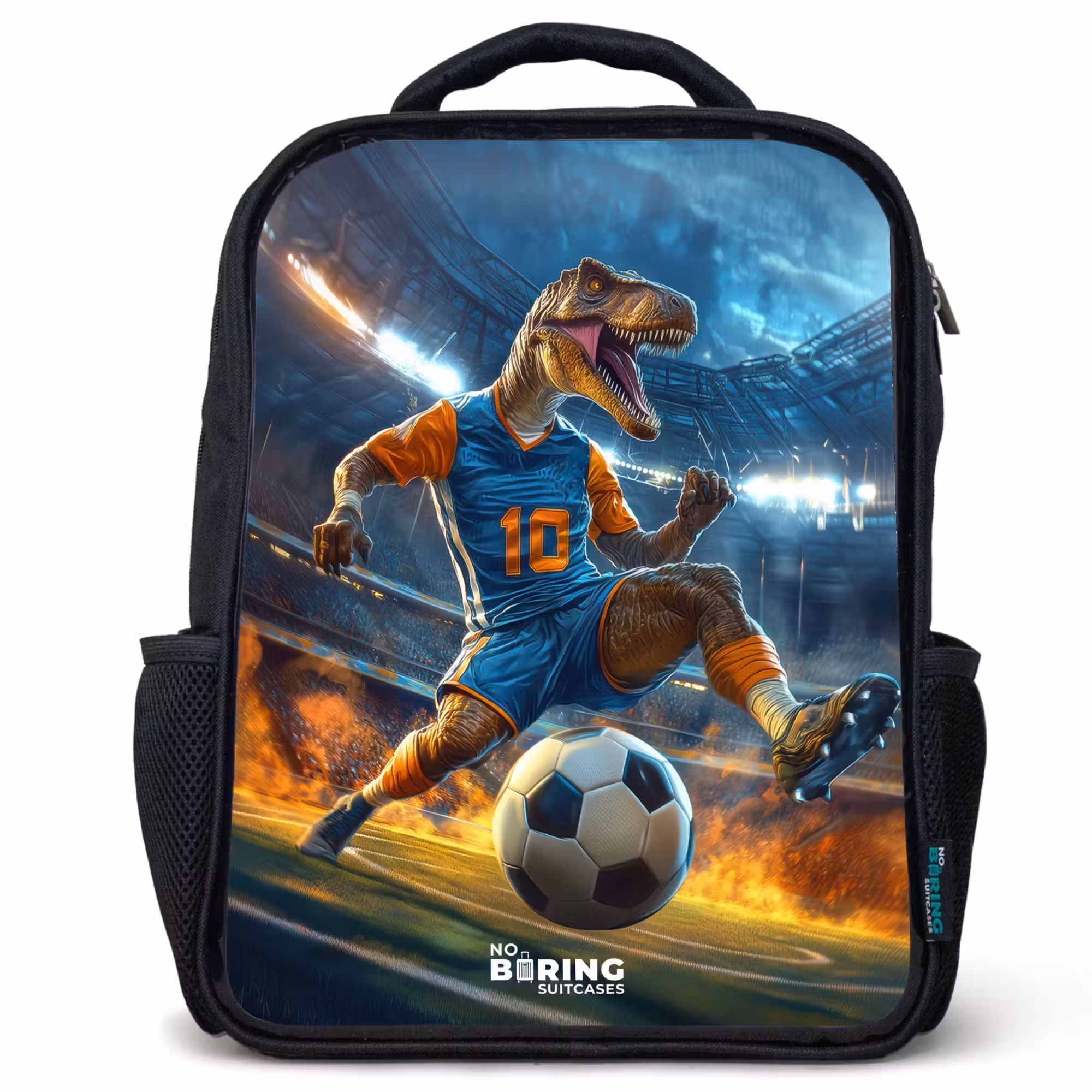 Kids' Backpacks Black -. T-Rex as soccer player in full stadium
