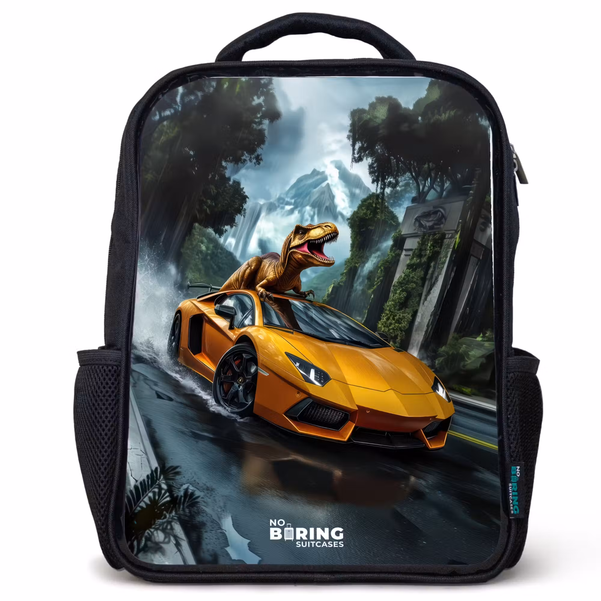 Kids' Backpacks Black -. T-Rex on orange sports car in rainy forest