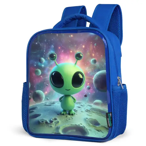 Groen alienfiguurtje op maanlandschap met kosmische achtergrond Kinderrugzak - Blauw middel -schuin