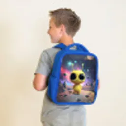 Gele ruimtewezentje met grote ogen op een kratermaan Kinderrugzak - Blauw middel -sfeer2