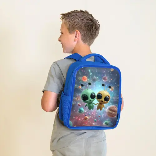 Ruimtevriendjes zwevend tussen de planeten Kinderrugzak - Blauw middel -sfeer2