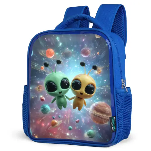 Ruimtevriendjes zwevend tussen de planeten Kinderrugzak - Blauw middel -schuin
