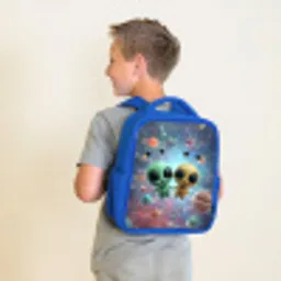 Ruimtevriendjes zwevend tussen de planeten Kinderrugzak - Blauw middel -sfeer2