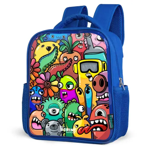 Expressief en druk patroon met monsters Kinderrugzak - Blauw middel -schuin