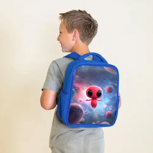 Rood buitenaards wezentje zwevend in kleurrijke kosmos Kinderrugzak - Blauw middel -sfeer2