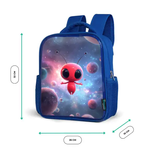 Rood buitenaards wezentje zwevend in kleurrijke kosmos Kinderrugzak - Blauw middel -productfoto_formaten