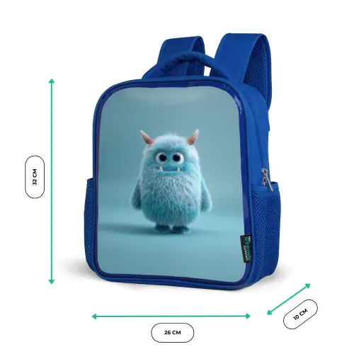 Zacht pluizig monster met hoorns en grote ogen Kinderrugzak - Blauw middel -productfoto_formaten