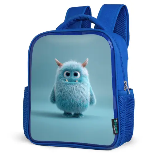 Zacht pluizig monster met hoorns en grote ogen Kinderrugzak - Blauw middel -schuin