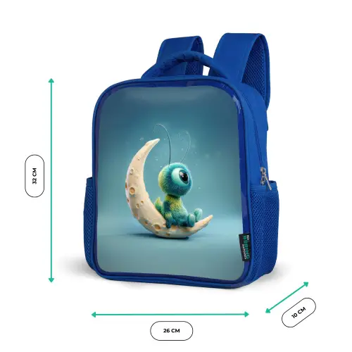 Dromerig pluiswezentje zittend op maansikkel Kinderrugzak - Blauw middel -productfoto_formaten