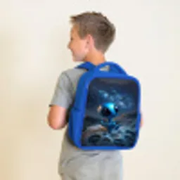 Dromerig blauw ruimtewezentje onder een sterrenhemel Kinderrugzak - Blauw middel -sfeer2
