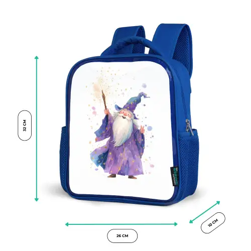 Lachende tovenaar met fonkelende staf Kinderrugzak - Blauw middel -productfoto_formaten