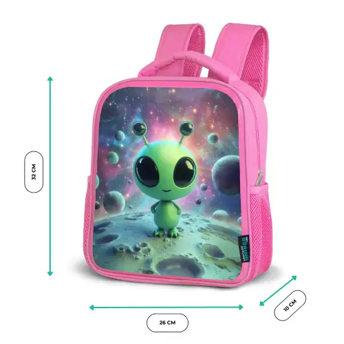 Groen alienfiguurtje op maanlandschap met kosmische achtergrond Kinderrugzak - Roze middel -productfoto_formaten