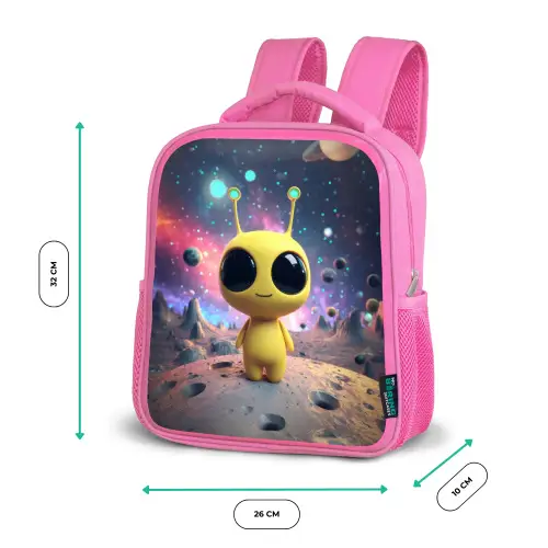 Gele ruimtewezentje met grote ogen op een kratermaan Kinderrugzak - Roze middel -productfoto_formaten