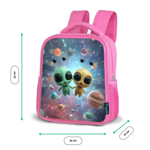 Ruimtevriendjes zwevend tussen de planeten Kinderrugzak - Roze middel -productfoto_formaten