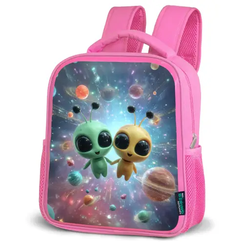 Ruimtevriendjes zwevend tussen de planeten Kinderrugzak - Roze middel -schuin