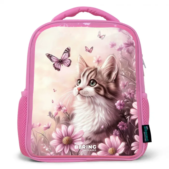 Kat - Paars - Vlinders - Bloemen Kinderrugzak - Roze middel -3d