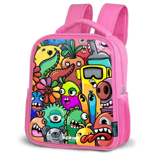 Expressief en druk patroon met monsters Kinderrugzak - Roze middel -schuin