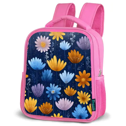 Bloemen - Patroon - Blauw - Contrast Kinderrugzak - Roze middel -schuin