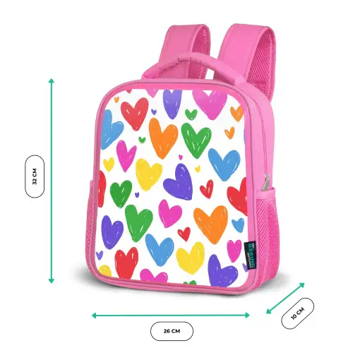 Hartjes - Patroon - Kleurrijk - Tekening Kinderrugzak - Roze middel -productfoto_formaten