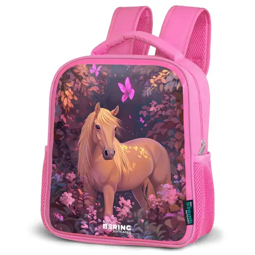 Paard - Bloemen - Paars - Vlinder Kinderrugzak - Roze middel -schuin
