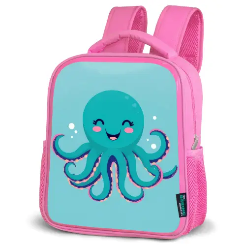 Octopus - Blauw - Gezicht Kinderrugzak - Roze middel -schuin