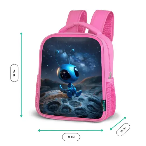 Dromerig blauw ruimtewezentje onder een sterrenhemel Kinderrugzak - Roze middel -productfoto_formaten